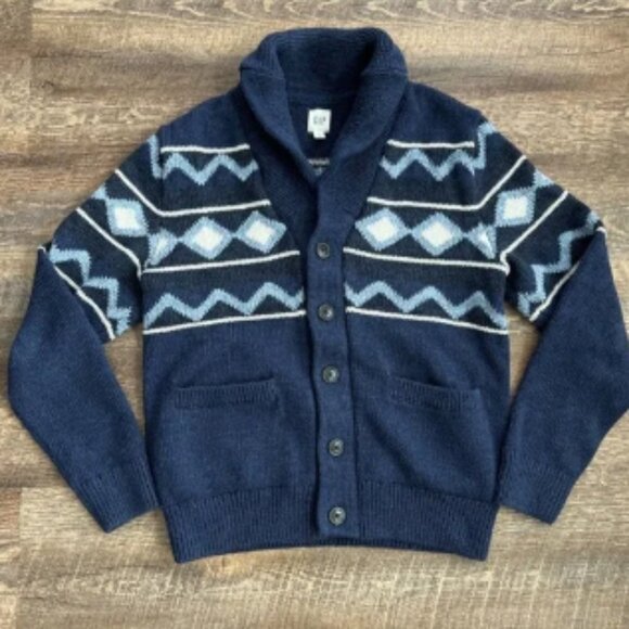 Gap Men's Sweater Geo Fair‎ Isle Shawl Cardigan Blue Medium Cotton Wool Cashmere - Picture 1 of 9
